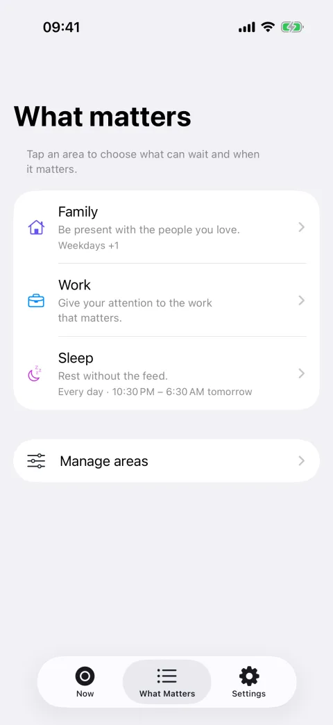 Decide’s What matters screen, listing Family, Work and Sleep, each with its own statement and set-aside times.