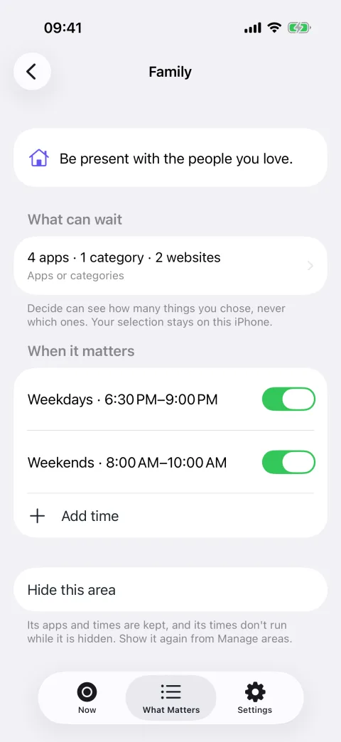 The Family area in Decide, showing its statement, what can wait — four apps, one category, two websites — and two weekly times, each with its own switch.