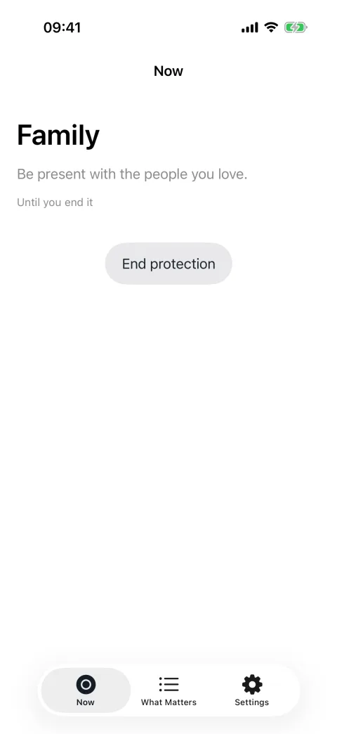 Decide’s Now screen while Family is protected, showing the area, its statement, and a single control to end protection.